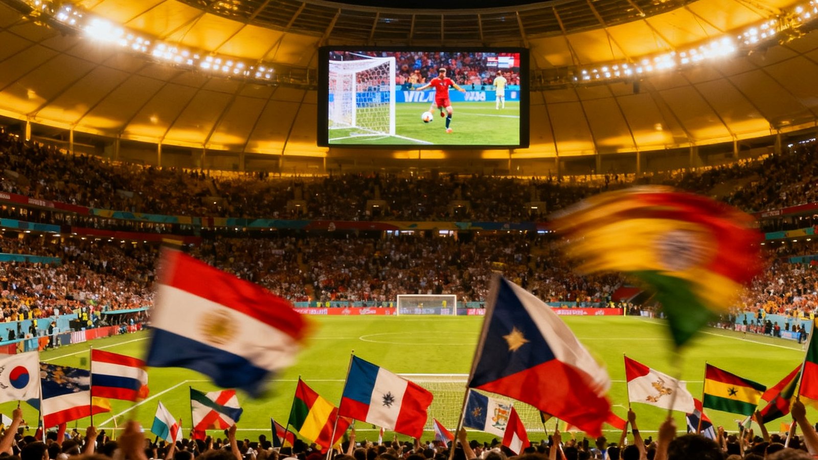 2026世界杯美加墨联合主办，壮观的现代化球场内数万球迷挥舞旗帜，大屏幕播放精彩回放